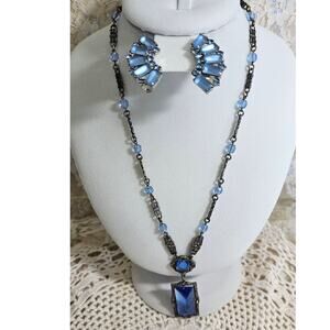 1920's Czech Art Deco Blue Glass Drop Pendant Necklace & VTG Earrings